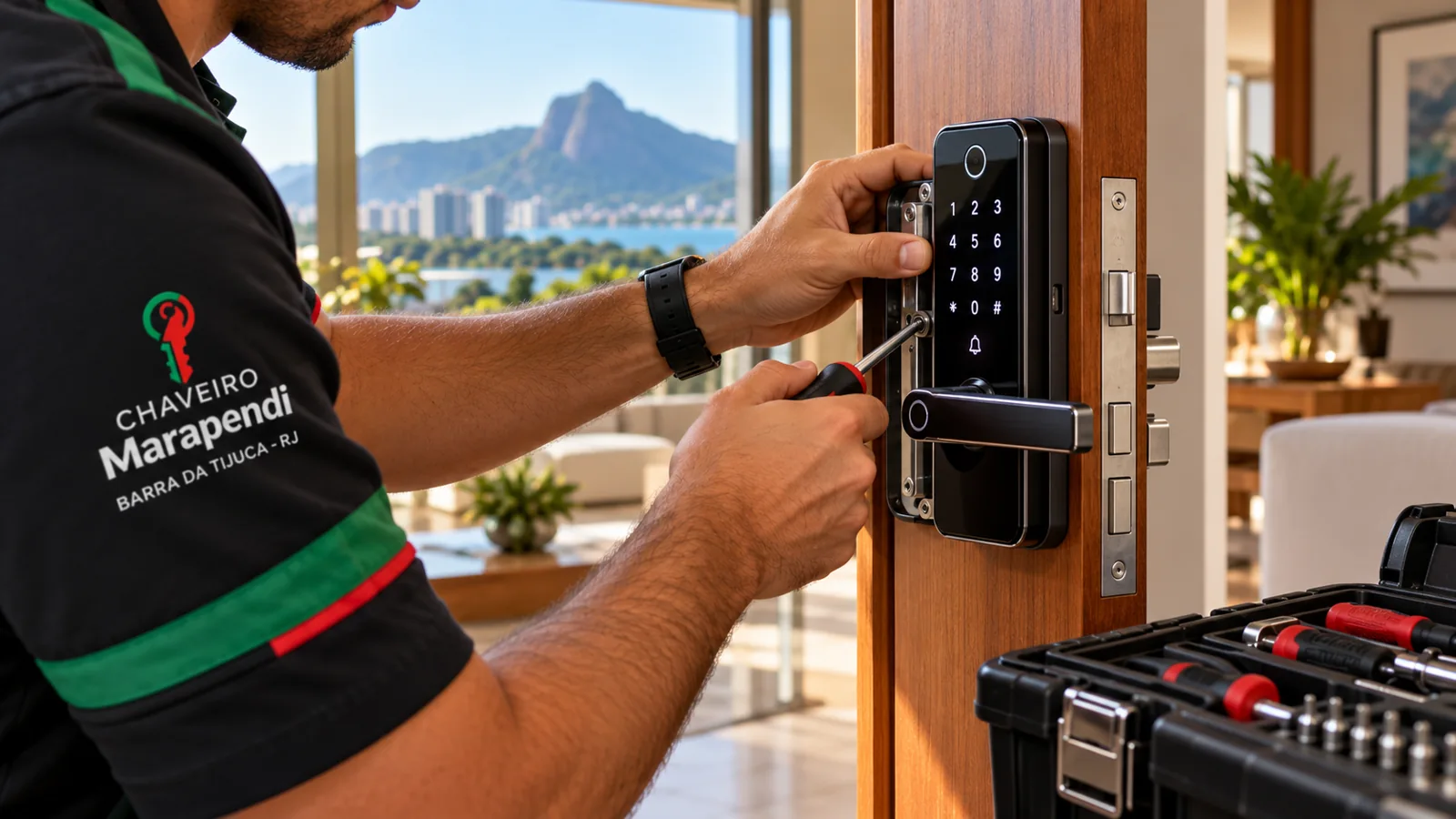 Imagem ilustrativa de instalação e regulagem de fechadura digital em porta residencial